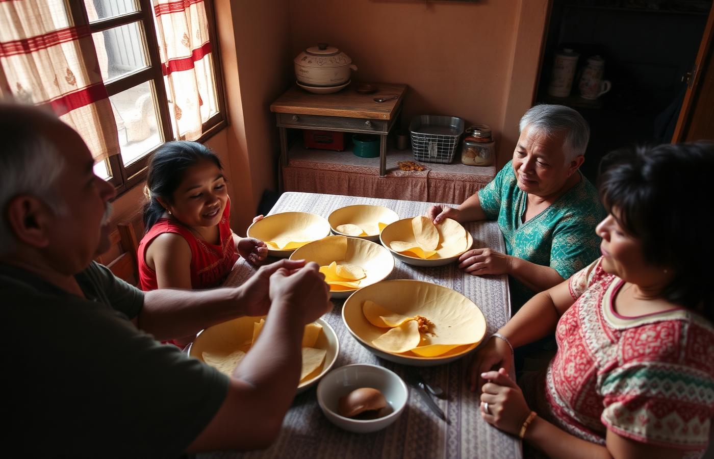 Familia mexicana compartiendo tortillas